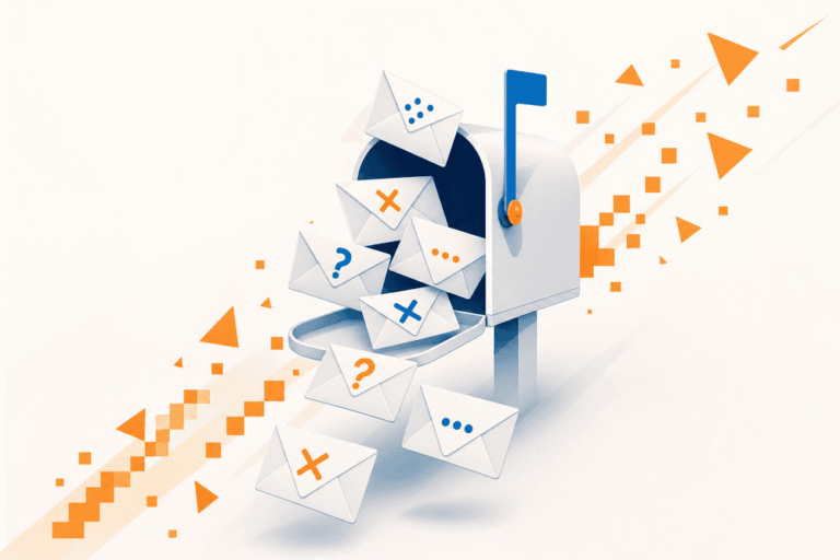 Boîte aux lettres ouverte débordant de huit enveloppes symbolisant des messages prospection LinkedIn sans réponse.