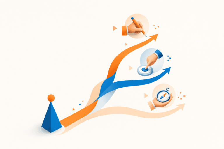 Trois chemins partant d’un dirigeant TPE-PME vers DIY, IA et agence de rédaction web pour créer ses pages SEO efficacement.