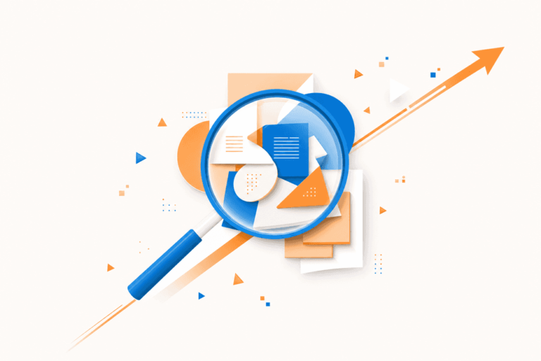 Une loupe éclaire des feuilles géométriques symbolisant l’analyse du contenu et combien de mots article SEO idéal.