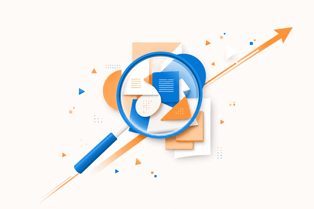 Une loupe éclaire des feuilles géométriques symbolisant l’analyse du contenu et combien de mots article SEO idéal.