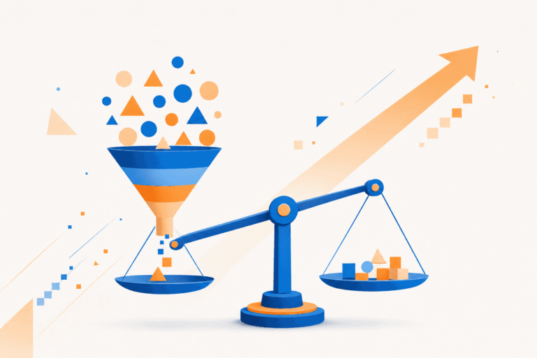 Balance stylisée montrant la transformation de profils en leads qualifiés, illustrant le nombre de leads campagne LinkedIn attendu.