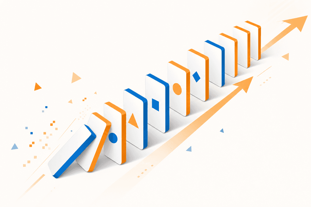 Dominos alignés en diagonale symbolisant la séquence fluide et les garde-fous de la prospection automatisée sur LinkedIn.