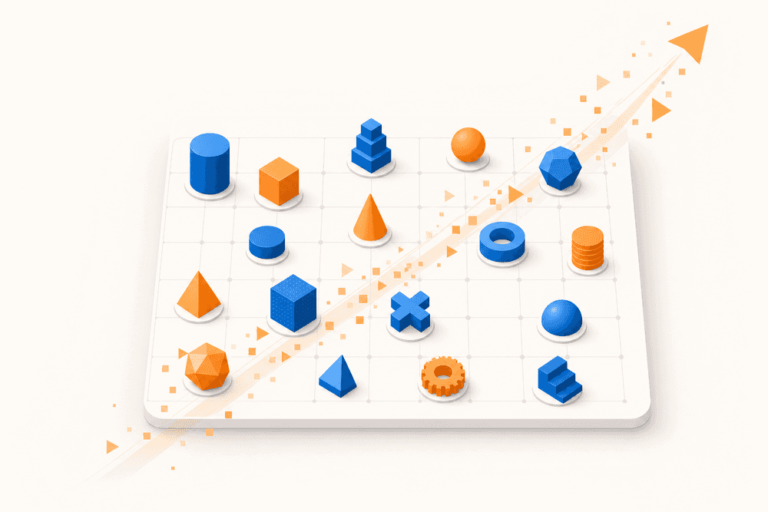 Plateau de jeu abstrait avec pions colorés symbolisant les critères clés d’un outil prospection LinkedIn efficace.
