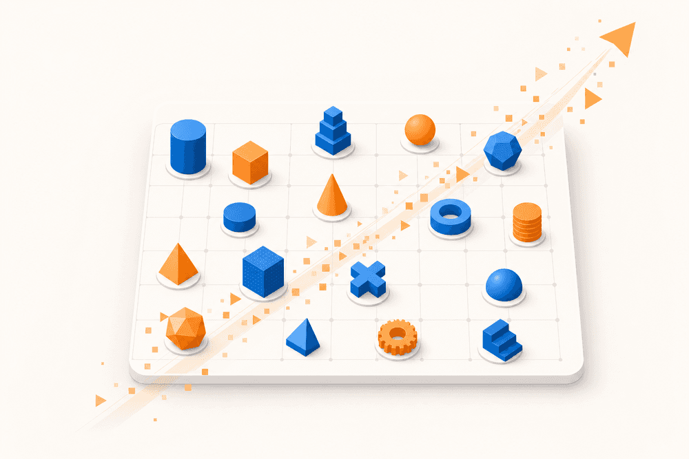 Plateau de jeu abstrait avec pions colorés symbolisant les critères clés d’un outil prospection LinkedIn efficace.