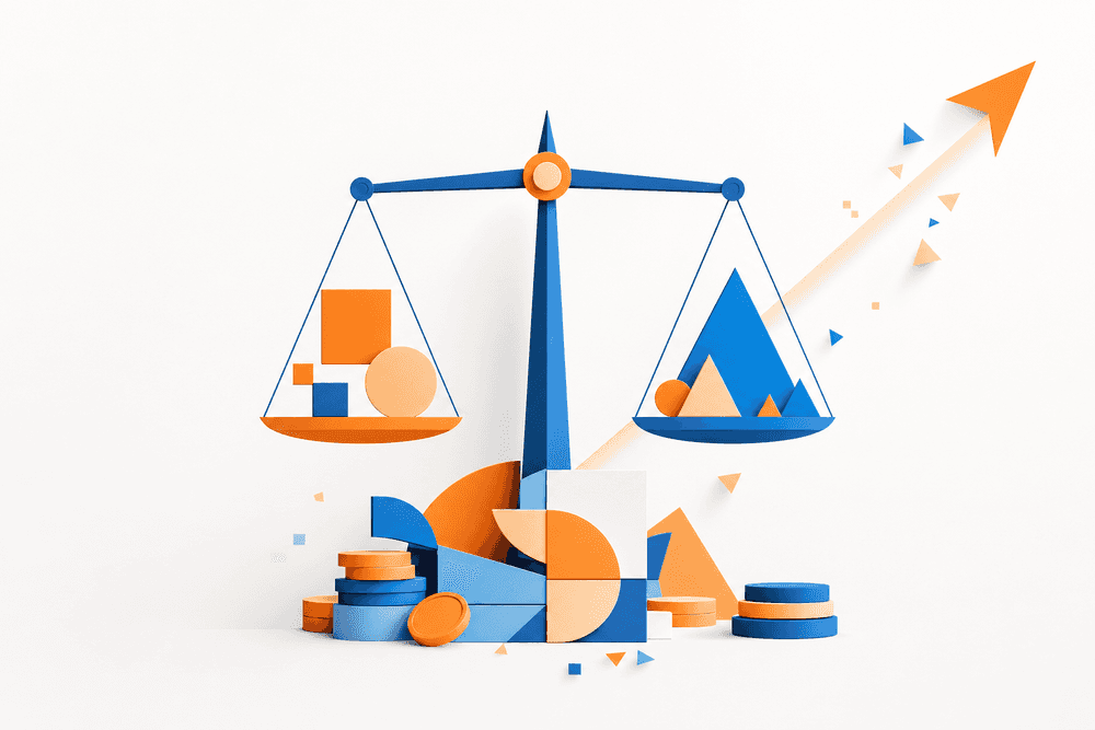 Balance pesant des éléments face à des piles de pièces, évoquant le prix d'un site internet professionnelBalance pesant des éléments face à des piles de pièces, évoquant le prix d'un site internet professionnel
