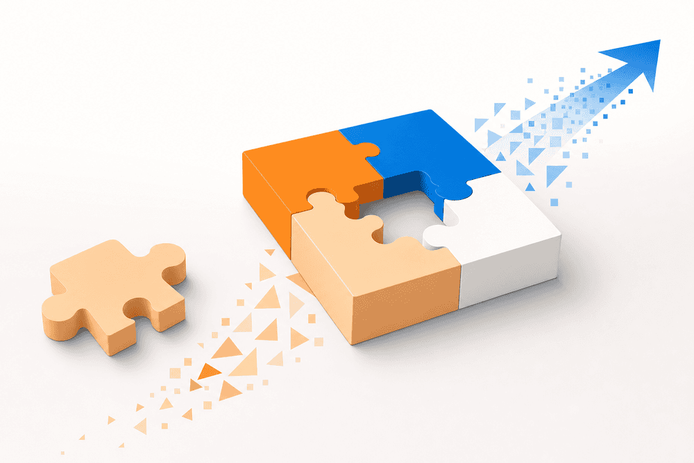 Boîte-puzzle en quatre pièces symbolisant les piliers d’un prompt ChatGPT efficace pour dirigeants non-tech.