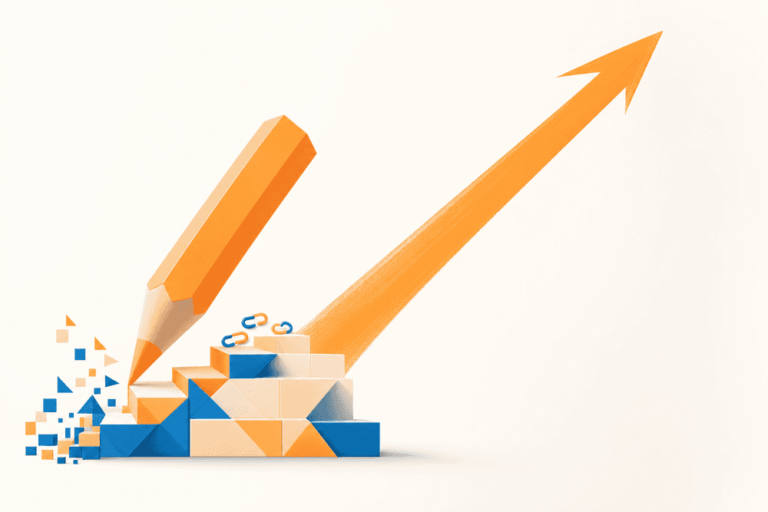 Un grand crayon stylisé trace une flèche ascendante symbolisant l'élan de la rédaction SEO face aux backlinks.