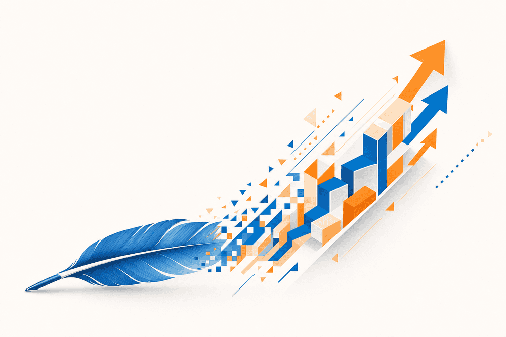 Une plume stylisée se transforme en structure géométrique ascendante symbolisant la rédaction web SEO moderne.