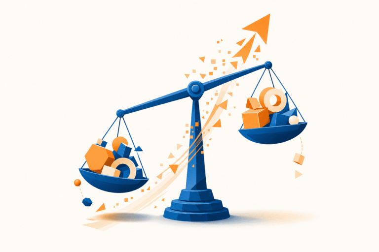 Balance stylisée avec formes abstraites instables illustrant les risques IA entreprise liés à un mauvais équilibre et vigilance nécessaire.