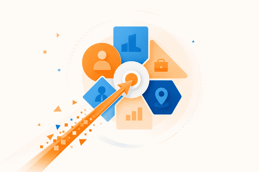 Cible abstraite aux six segments géométriques avec flèche orange symbolisant un ciblage LinkedIn précis et efficace.