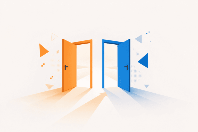 Deux portes entrouvertes, orange et bleue, symbolisent le choix entre LinkedIn ou email pour démarrer sa prospection B2B.