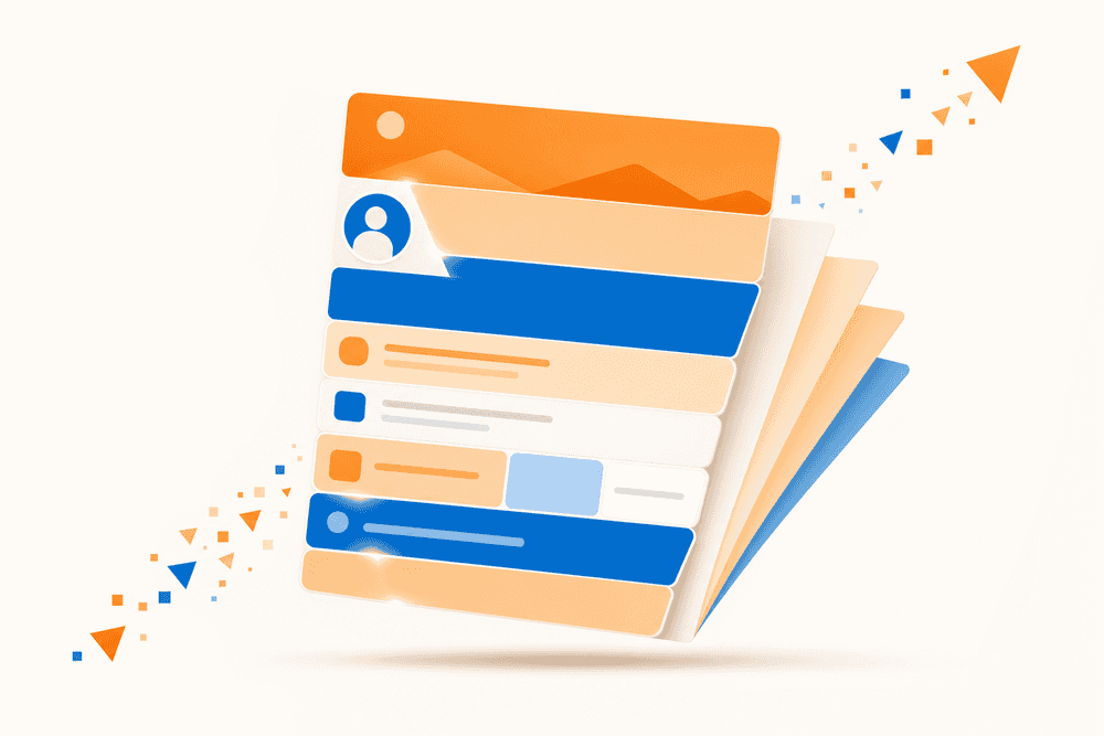 Carte de visite stylisée ouverte en éventail illustrant un profil LinkedIn pour la prospection avec modules hiérarchisés.