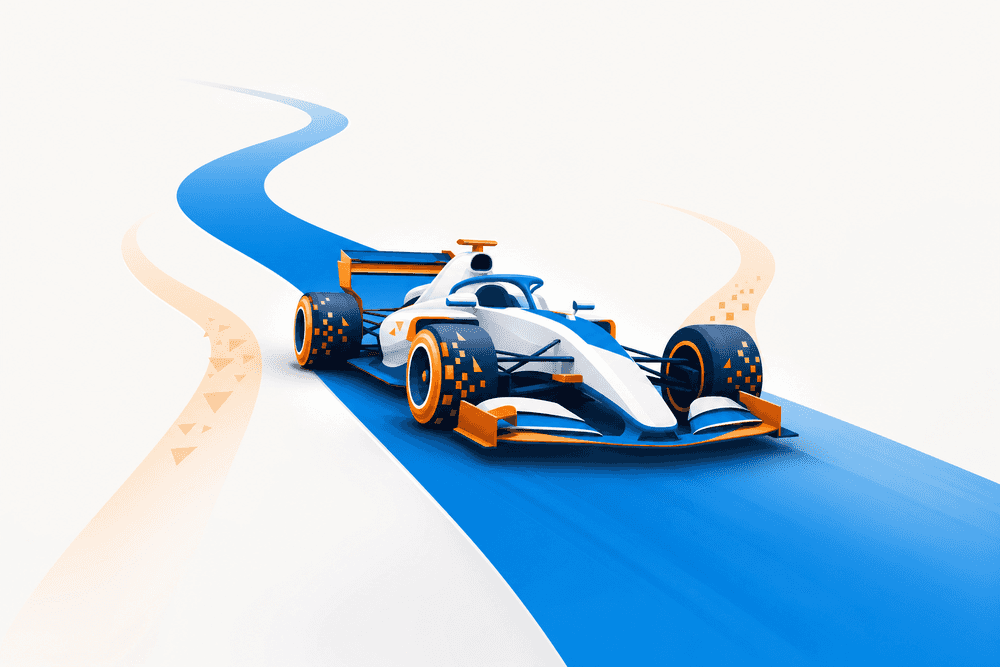 Bolide stylisé sur piste abstraite symbolisant la puissance de Sales Navigator et ses fonctionnalités premium, avec mention du sales navigator prix.