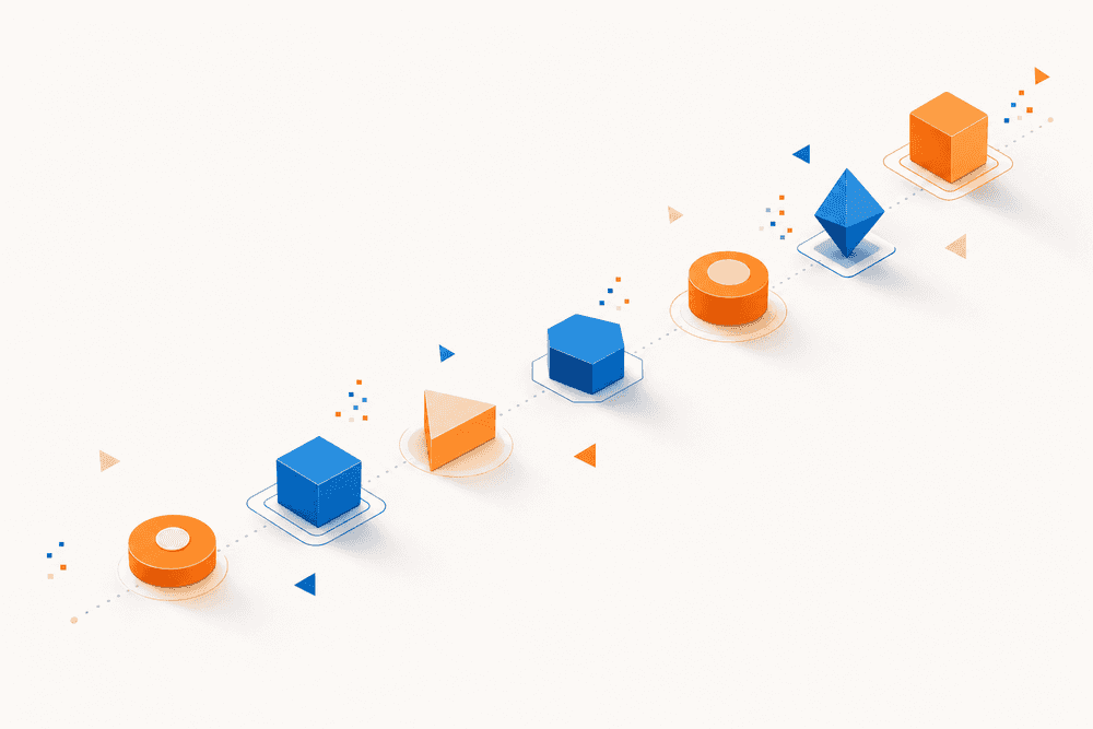 Chemin stylisé de balises géométriques symbolisant les étapes clés d’une séquence prospection LinkedIn efficace et dynamique.