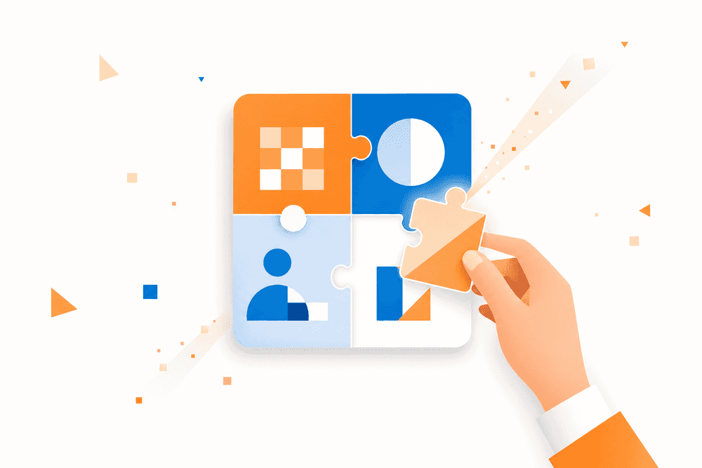 Une main place la dernière pièce d’un puzzle symbolisant l’automatisation des processus et l’intégration d’outils bureautiques.