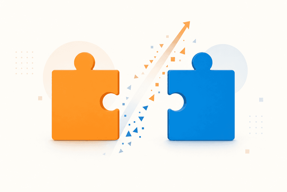 Deux pièces de puzzle séparées symbolisent le cout publicité facebook entre budget publicitaire et honoraires de gestion.