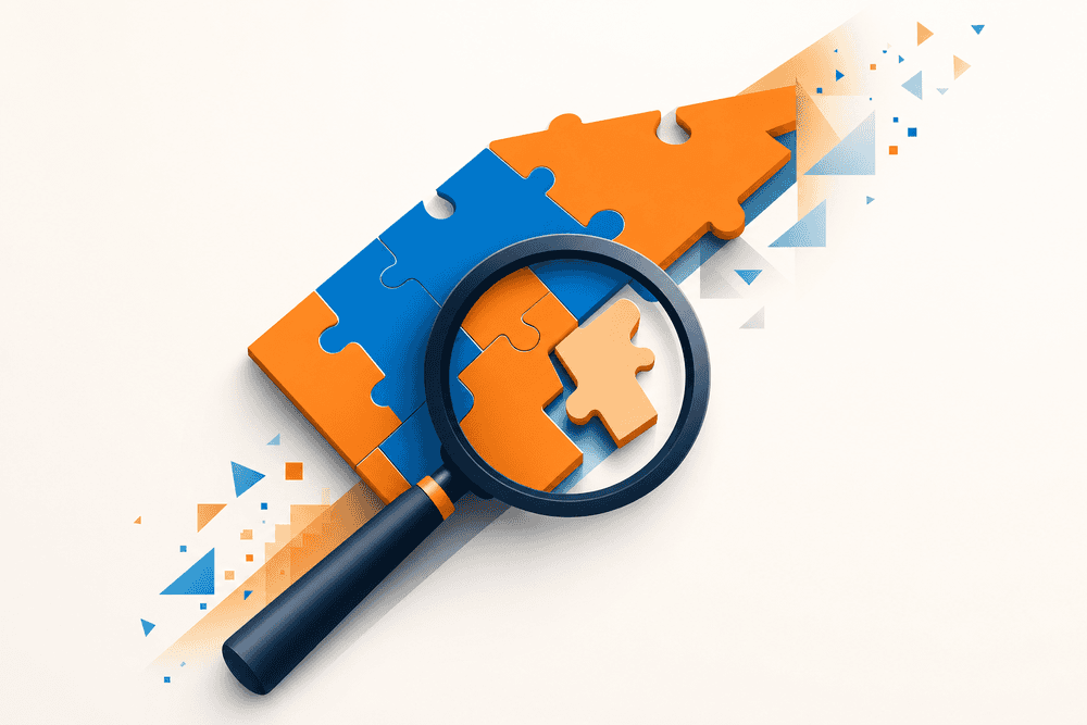 Une loupe examine un puzzle avec une pièce décalée, symbolisant la détection d’une hallucination ChatGPT avant impact.