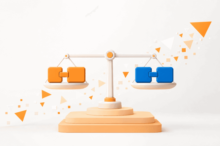 Balance stylisée équilibrant deux boîtes abstraites symbolisant n8n vs Make pour choisir un outil d’automatisation.