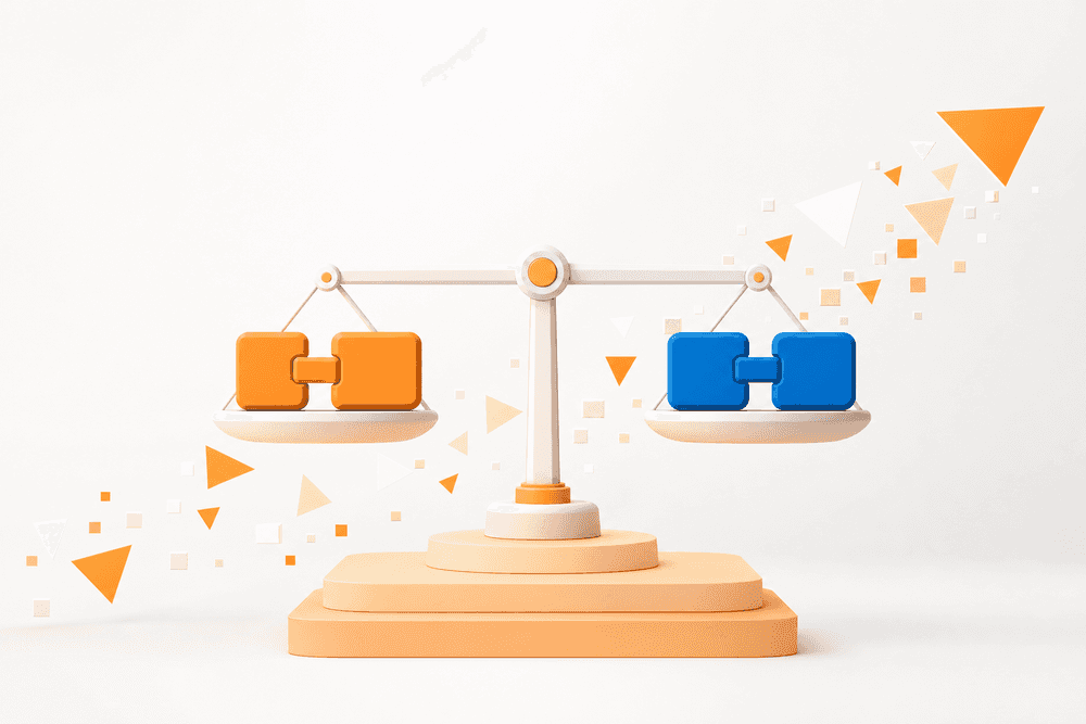 Balance stylisée équilibrant deux boîtes abstraites symbolisant n8n vs Make pour choisir un outil d’automatisation.