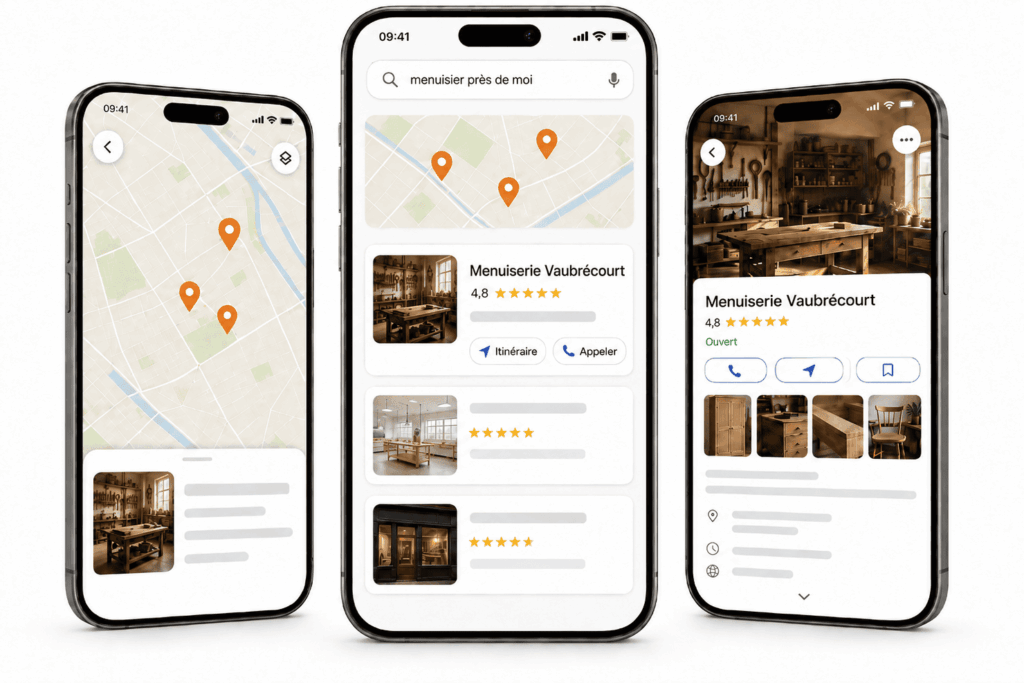 Recherche « menuisier près de moi » affichant le pack local, la fiche d'établissement et Google Maps sur trois smartphones