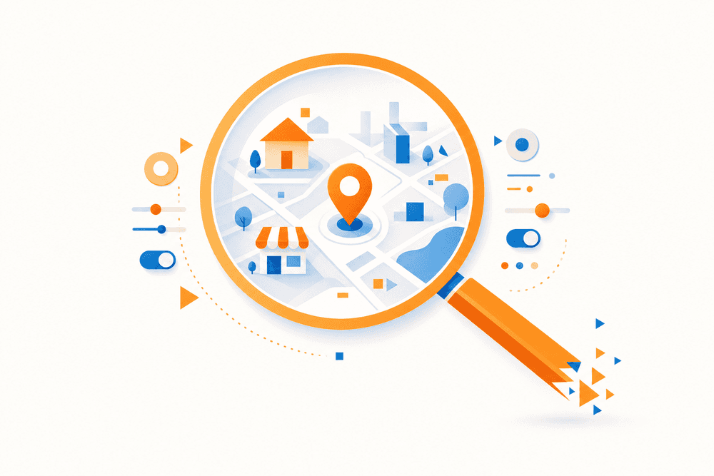 Grande loupe stylisée montrant une carte abstraite avec maison et commerce, symbolisant l’optimisation de fiche d’établissement Google.