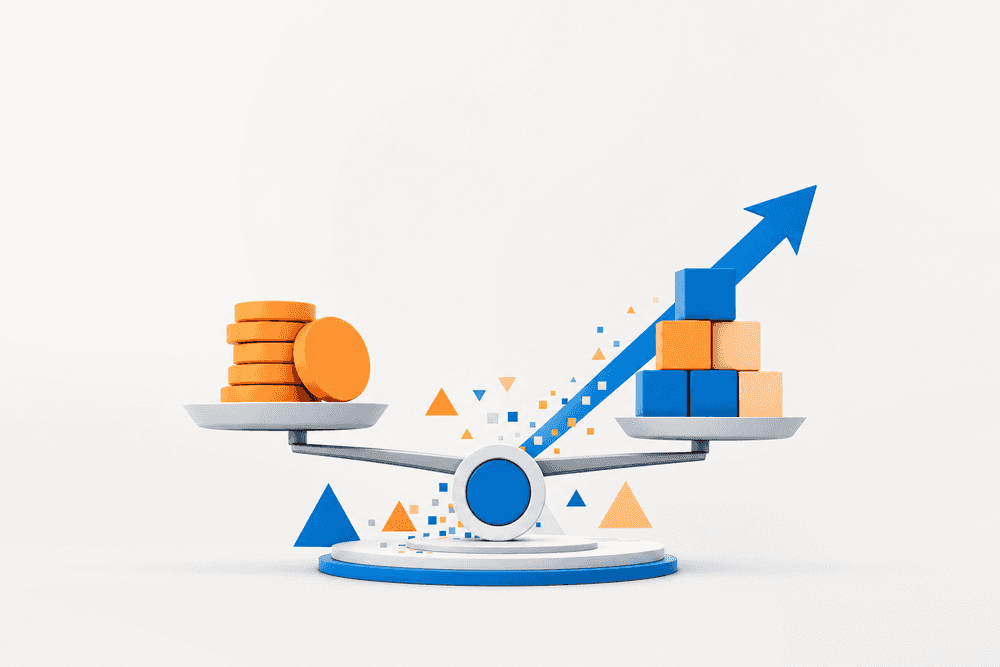 Balance stylisée équilibrant jetons et cubes symbolisant les modèles et prix du référencement Google dans un style moderne.