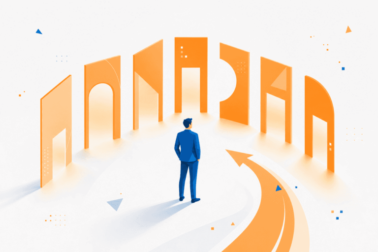 Un dirigeant face à sept portes ouvertes symbolisant la productivité IA entreprise facilitant ses tâches clés.