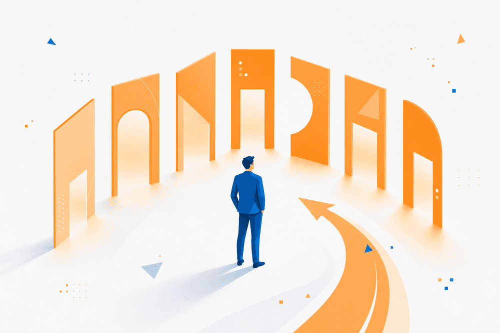 Un dirigeant face à sept portes ouvertes symbolisant la productivité IA entreprise facilitant ses tâches clés.