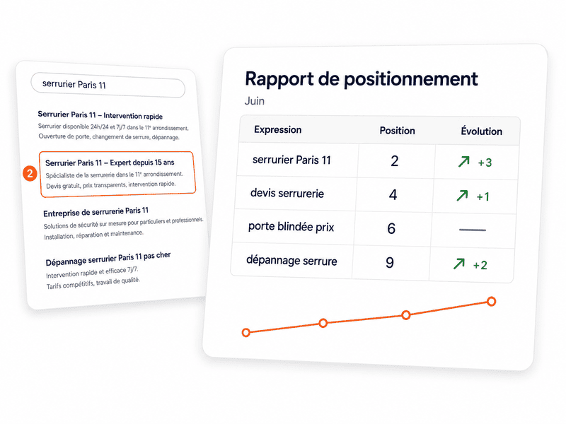 Rapport mensuel de positionnement Google : quatre expressions suivies, leur position et leur évolution