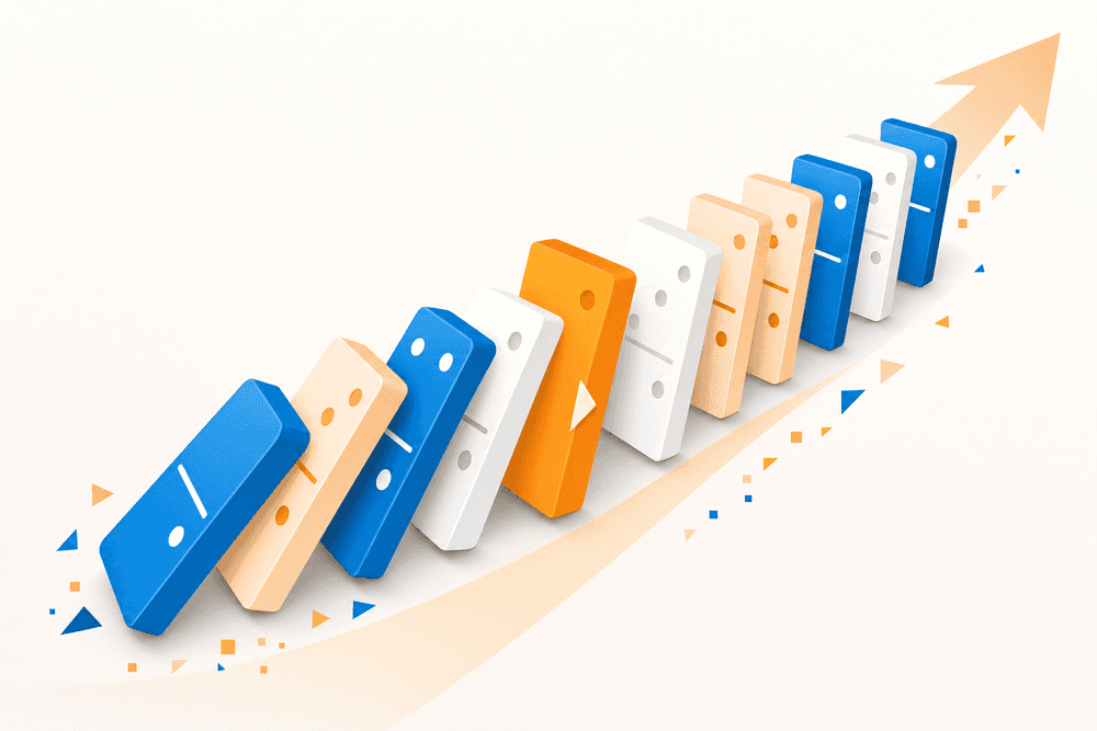 Dominos stylisés en diagonale symbolisant un calendrier éditorial solide, avec un domino orange clé poussant la séquence vers l'avant.