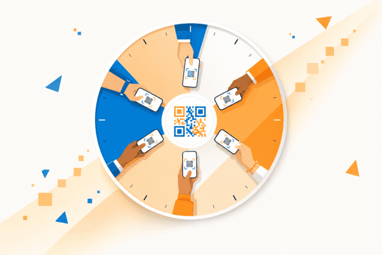 Horloge stylisée avec mains tendant des téléphones scannant un qr code avis google, symbolisant la collecte d’avis clients régulière.