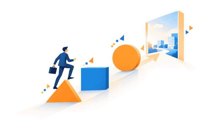 Un dirigeant de PME gravit trois paliers symbolisant les étapes pour améliorer référencement Google dans le bon ordre.