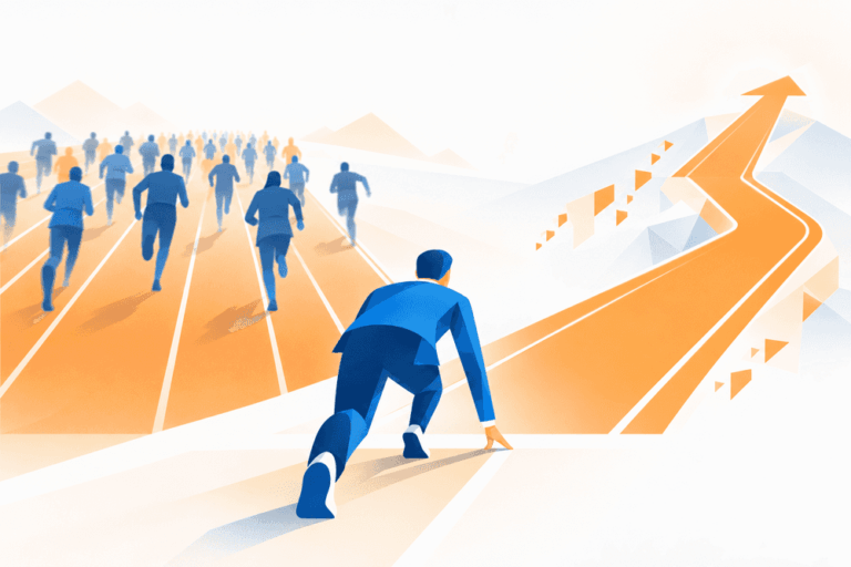 Un coureur d’entreprise choisit entre deux pistes symbolisant une analyse concurrence SEO réaliste ou trop concurrentielle.