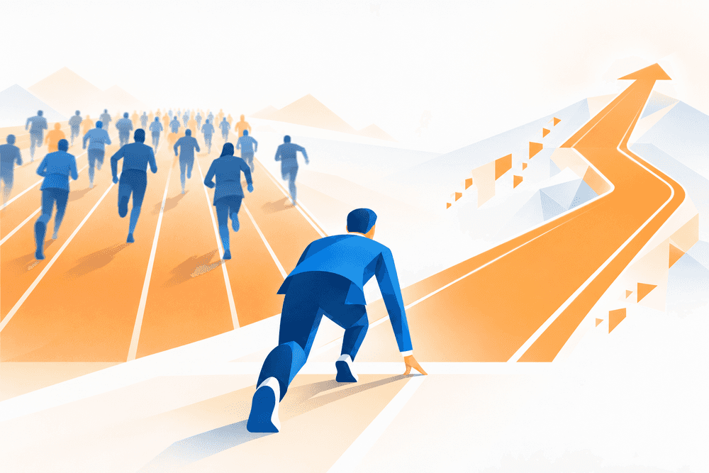 Un coureur d’entreprise choisit entre deux pistes symbolisant une analyse concurrence SEO réaliste ou trop concurrentielle.