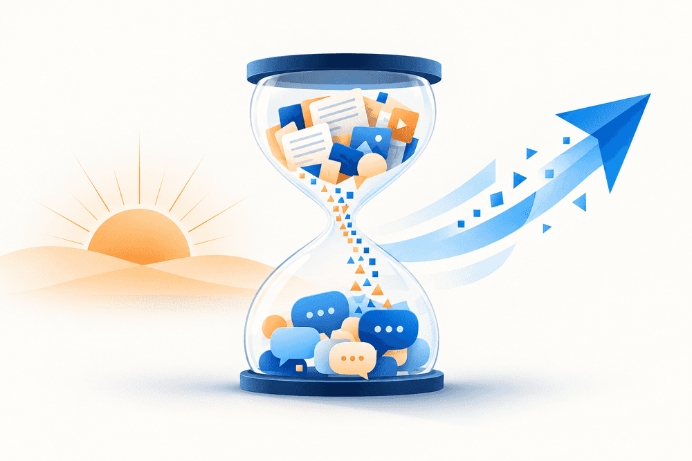 Sablier stylisé avec articles en haut, bulles de dialogue en bas, symbolisant inbound marketing vs outbound marketing pour TPE.
