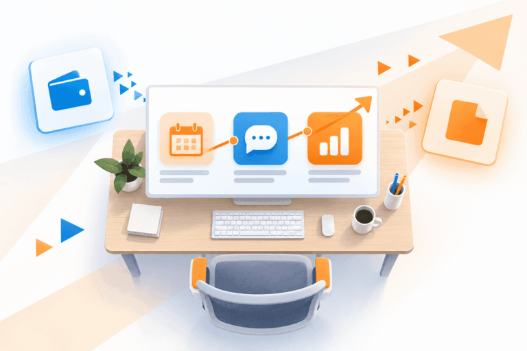 Bureau stylisé avec icônes calendrier, message et graphique, représentant le tableau de bord de la meta business suite.