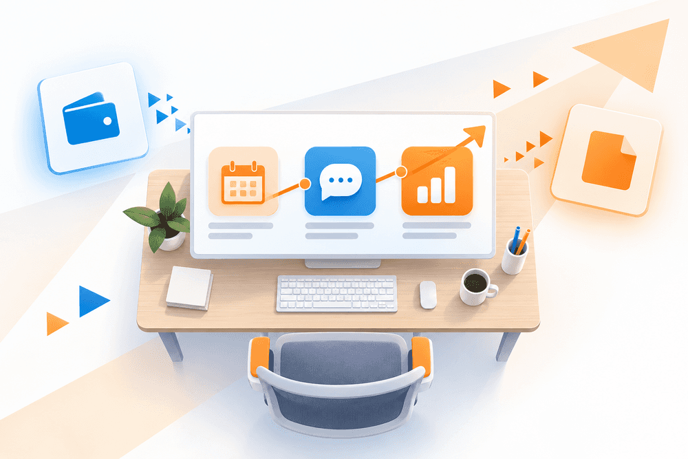 Bureau stylisé avec icônes calendrier, message et graphique, représentant le tableau de bord de la meta business suite.