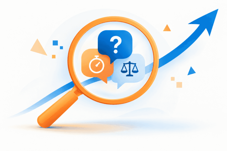 Une loupe orange analyse trois questions client symbolisées par des icônes, illustrant pourquoi créer un blog d'entreprise.