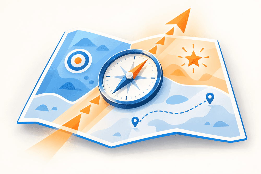 Compas moderne posé sur carte divisée en trois zones illustrant les critères du référencement Google Maps.
