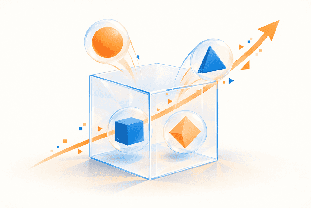 Grand cube transparent contenant quatre formes colorées en bulles symbolisant le social selling index LinkedIn et ses limites.