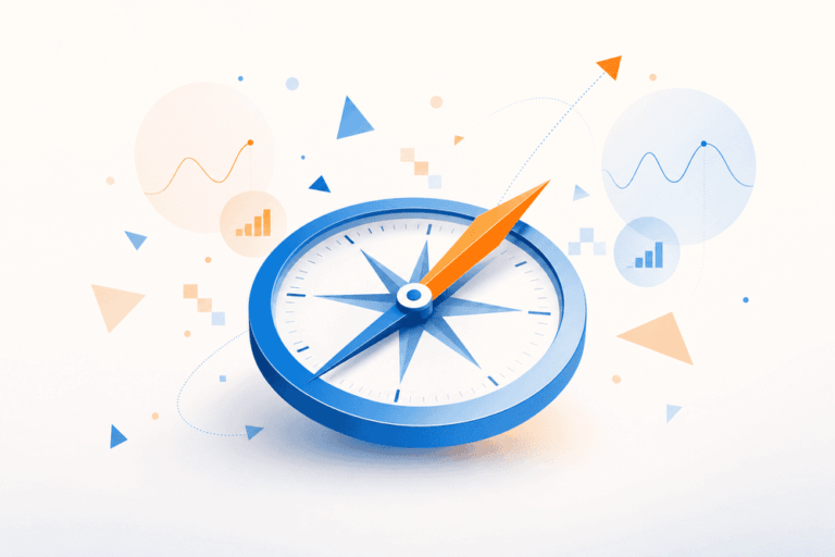 Boussole stylisée indiquant la direction juste pour un suivi position Google clair et sans complexité dans les outils.
